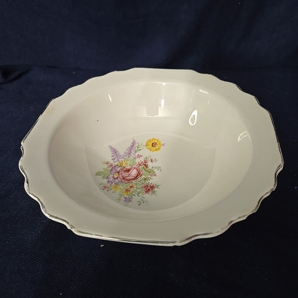 W S George Floral Bouquet Rose Round Serving Dish Scalloped Edges Stamped